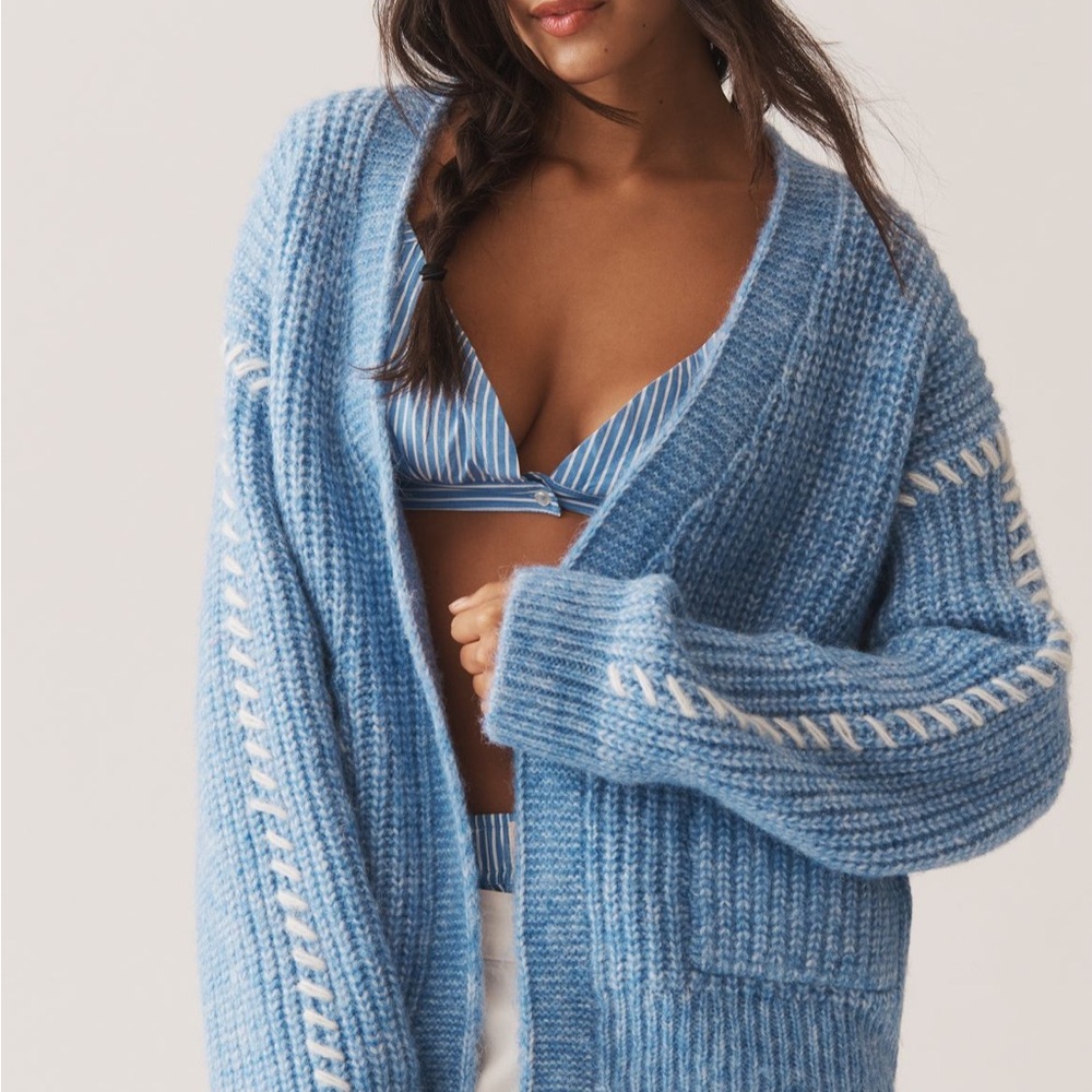Anthropologie Flat White Cozy Blue Stitched Knit Cardigan Sweater One Size NEW